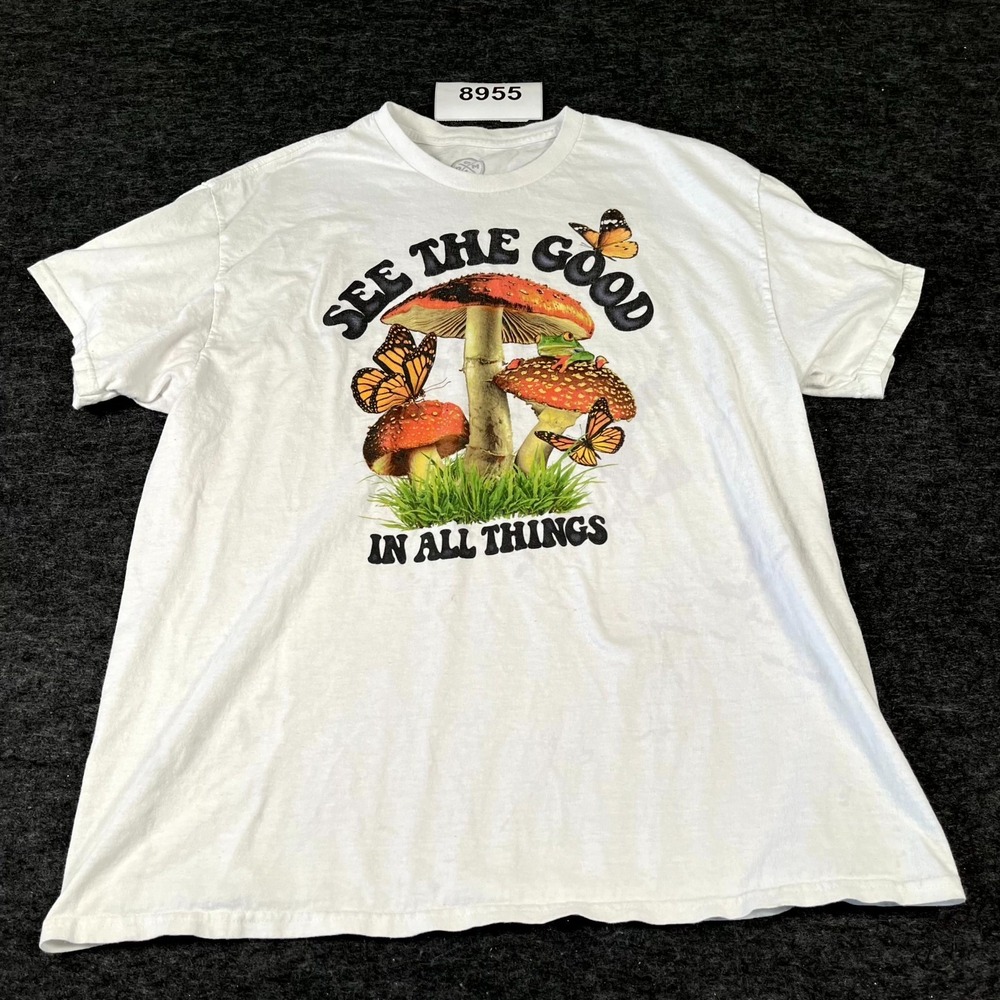 DOM T Shirt Mens XL White Cotton Nature Mushroom Graphic Print Crew Neck Casual
